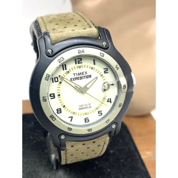 Timex Men's Watch Expedition Quartz Indiglo Beige Dial Leather Nylon Strap 39mm - Picture 13 of 14